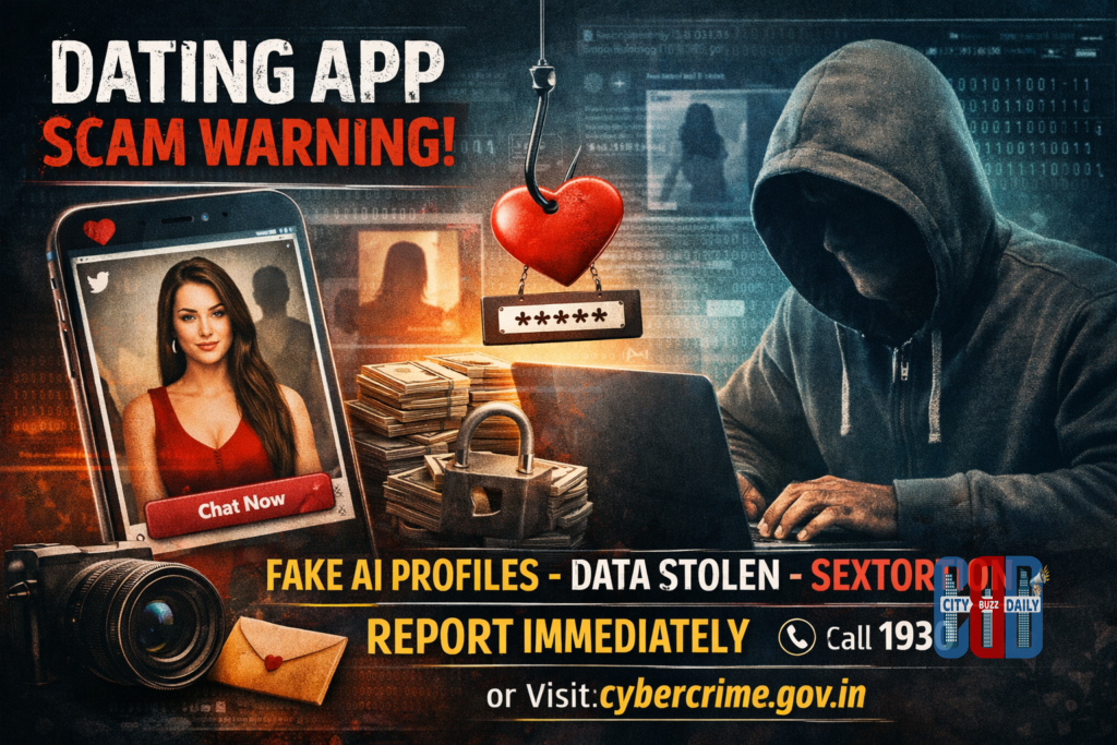 Fake dating app scam warning showing cyber fraud and honeytrap concept