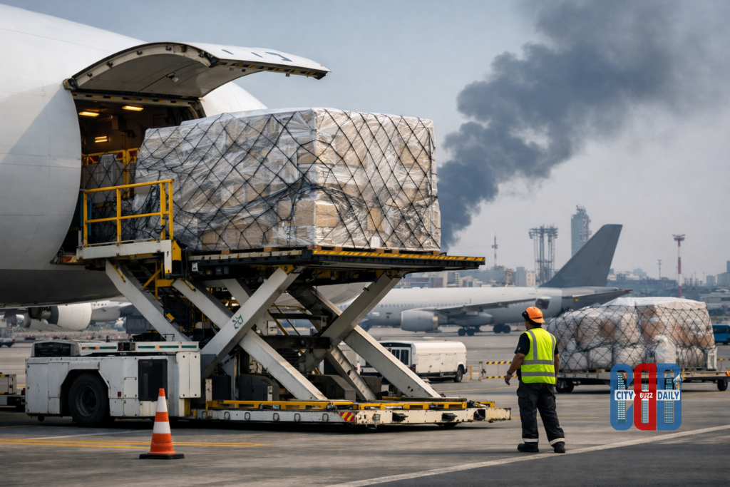 Cargo aircraft being loaded at an international airport amid rising air freight demand due to Middle East conflict disruptions.