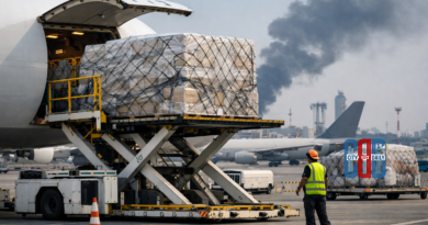 Cargo aircraft being loaded at an international airport amid rising air freight demand due to Middle East conflict disruptions.