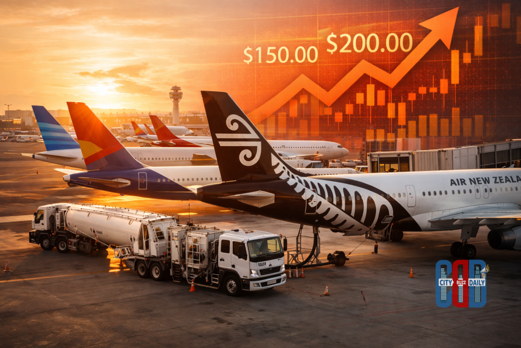 Commercial passenger aircraft parked at an airport terminal while a jet fuel truck refuels a plane, with a rising fuel price chart overlay illustrating airline fare increases due to higher jet fuel costs.