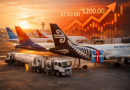 Commercial passenger aircraft parked at an airport terminal while a jet fuel truck refuels a plane, with a rising fuel price chart overlay illustrating airline fare increases due to higher jet fuel costs.