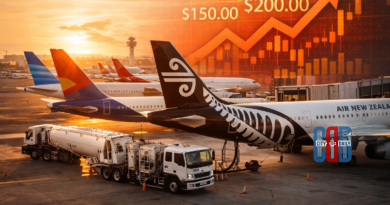 Commercial passenger aircraft parked at an airport terminal while a jet fuel truck refuels a plane, with a rising fuel price chart overlay illustrating airline fare increases due to higher jet fuel costs.