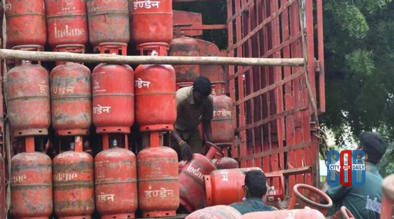 Domestic LPG gas cylinders stacked at a distribution centre highlighting government changes to LPG booking rules.