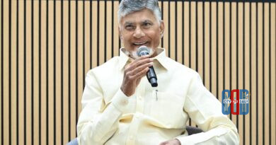 Chandrababu Naidu speaking at a summit event in Hyderabad discussing development initiatives