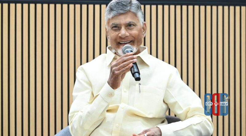 Chandrababu Naidu speaking at a summit event in Hyderabad discussing development initiatives