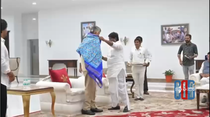 AP Chief Minister Chandrababu Naidu blessing Surya Vikramaditya and Sakshi at Praja Bhavan in Hyderabad