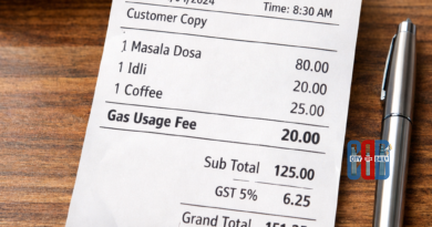 Restaurant bill in Chennai showing additional gas usage fee along with tiffin charges