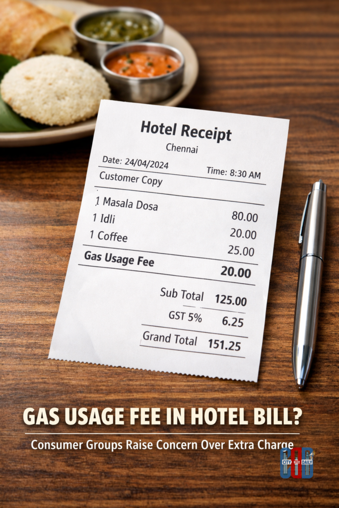 Restaurant bill in Chennai showing additional gas usage fee along with tiffin charges