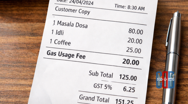 Restaurant bill in Chennai showing additional gas usage fee along with tiffin charges