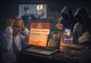 Illustration showing a cyber fraud scenario where scammers impersonate law enforcement officials during a digital arrest scam targeting a victim online.