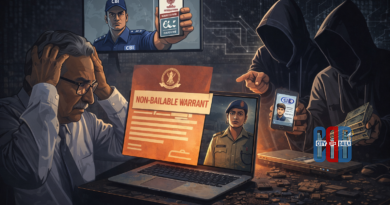 Illustration showing a cyber fraud scenario where scammers impersonate law enforcement officials during a digital arrest scam targeting a victim online.