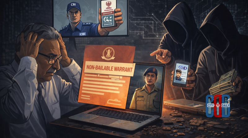 Illustration showing a cyber fraud scenario where scammers impersonate law enforcement officials during a digital arrest scam targeting a victim online.