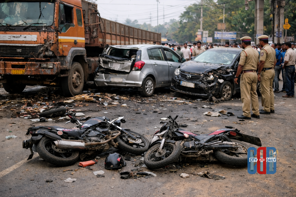 Accident scene after lorry trailer crashes into cars and bikes at BHPV junction in Gajuwaka Visakhapatnam