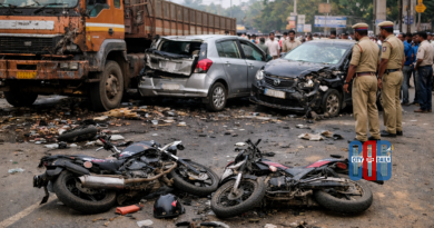 Accident scene after lorry trailer crashes into cars and bikes at BHPV junction in Gajuwaka Visakhapatnam