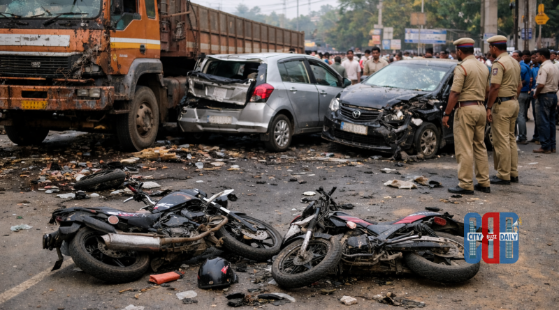Accident scene after lorry trailer crashes into cars and bikes at BHPV junction in Gajuwaka Visakhapatnam