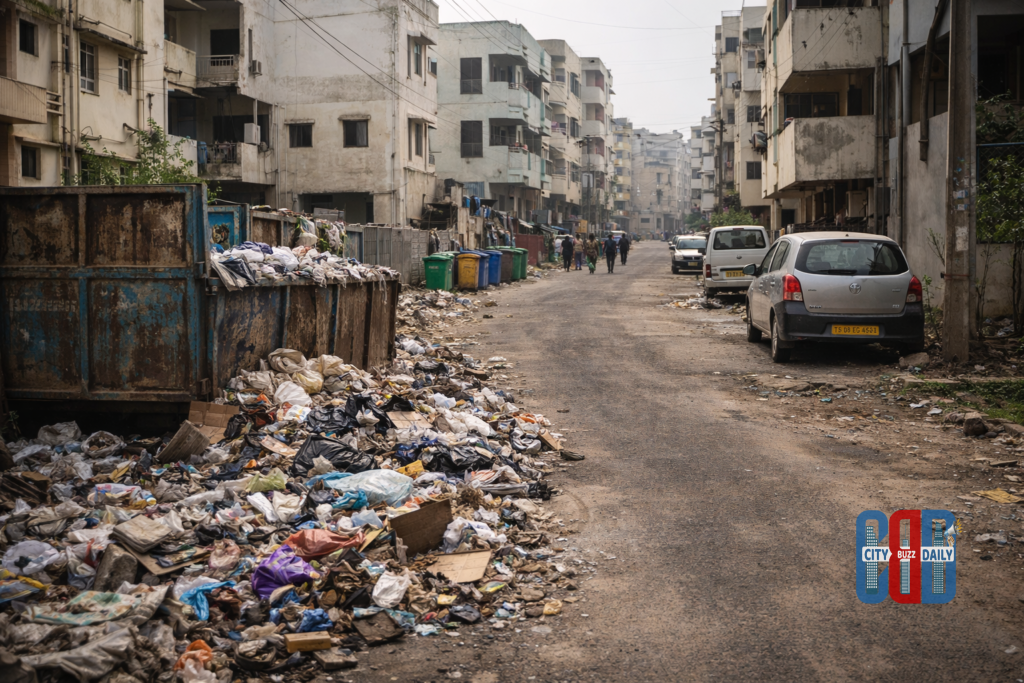 Garbage and poor sanitation seen in a residential street in Hyderabad outskirts highlighting civic service issues after GHMC merger.