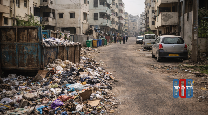 Garbage and poor sanitation seen in a residential street in Hyderabad outskirts highlighting civic service issues after GHMC merger.