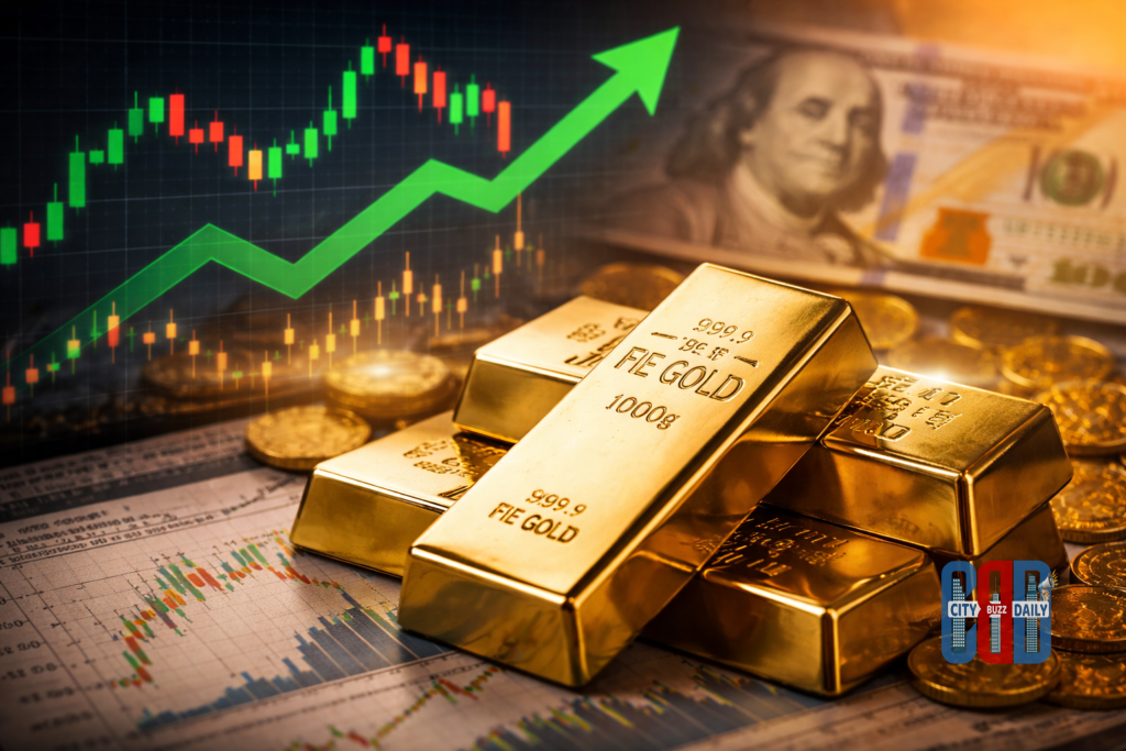 Gold bars and coins placed over financial charts with a rising price graph and U.S. dollar in the background, illustrating gold price gains amid a weaker dollar and shifting global markets.