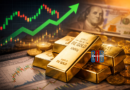 Gold bars and coins placed over financial charts with a rising price graph and U.S. dollar in the background, illustrating gold price gains amid a weaker dollar and shifting global markets.