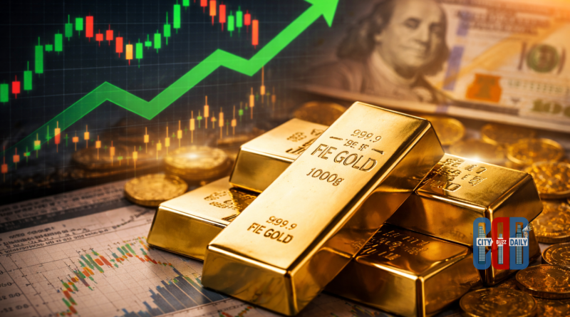 Gold bars and coins placed over financial charts with a rising price graph and U.S. dollar in the background, illustrating gold price gains amid a weaker dollar and shifting global markets.