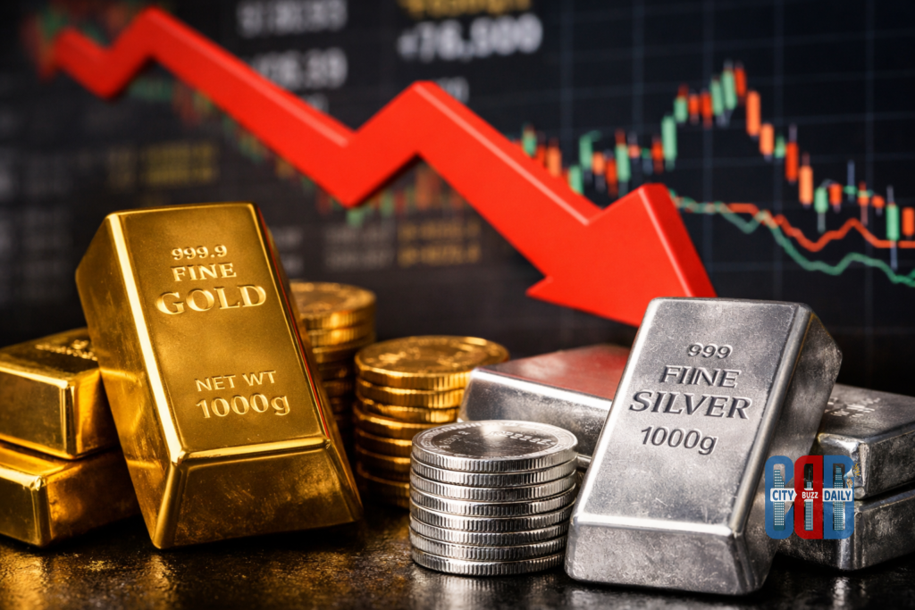 Gold and silver bars displayed in bullion market reflecting falling precious metal prices