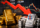 Gold and silver bars displayed in bullion market reflecting falling precious metal prices