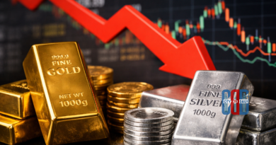 Gold and silver bars displayed in bullion market reflecting falling precious metal prices