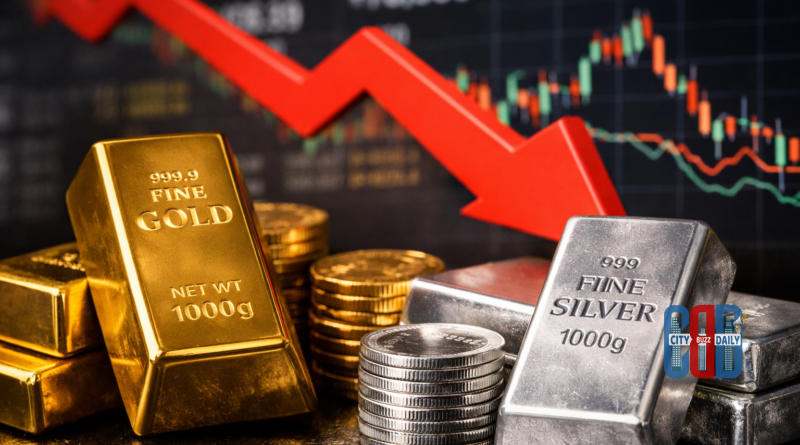 Gold and silver bars displayed in bullion market reflecting falling precious metal prices