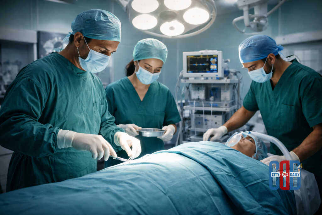 Government health office building with administrative staff and files representing internal departmental operations