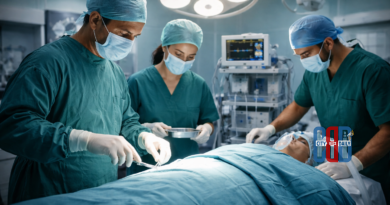 Government health office building with administrative staff and files representing internal departmental operations