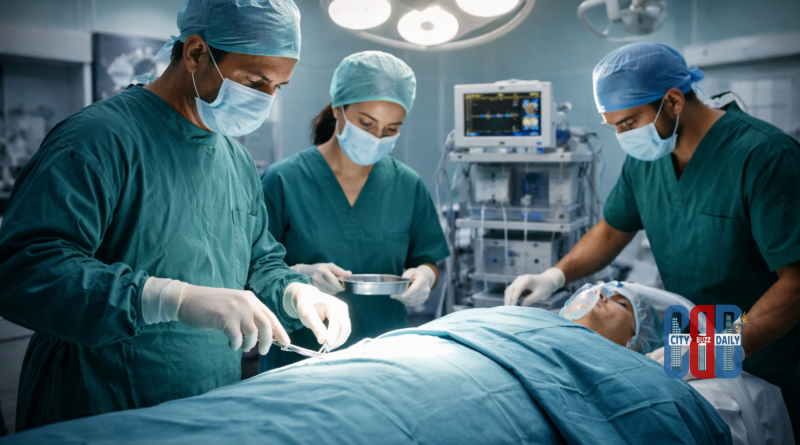 Government health office building with administrative staff and files representing internal departmental operations