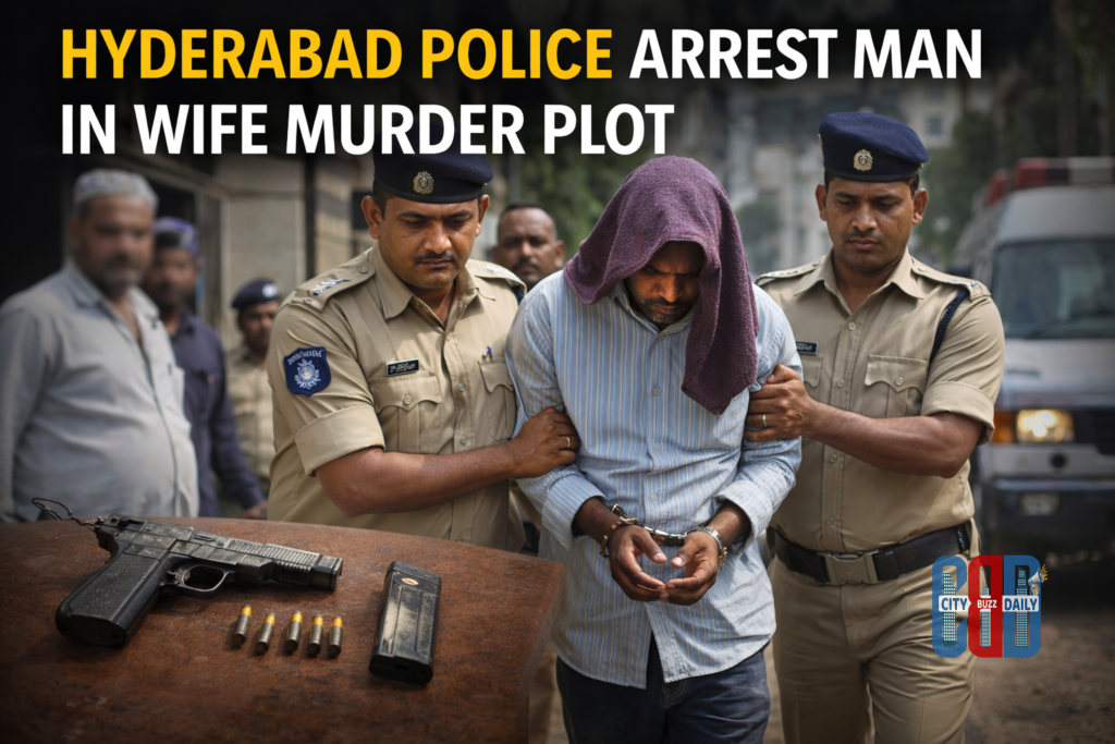 Hyderabad Task Force police arrest man who allegedly planned to kill his wife using an illegal firearm.