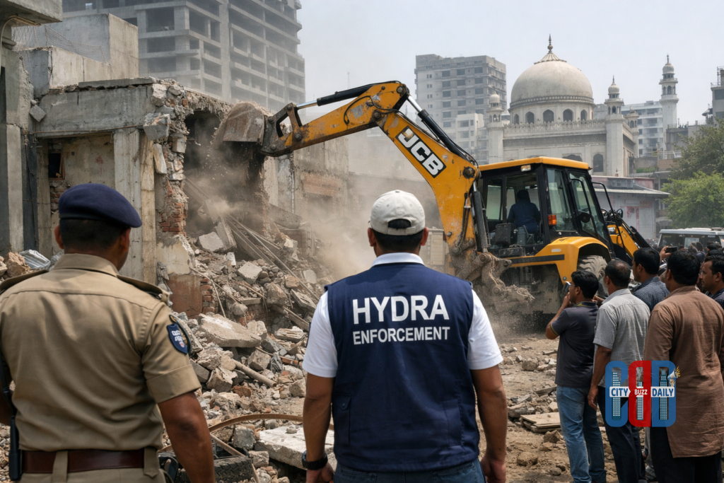 Urban demolition activity in Hyderabad showing enforcement against illegal constructions