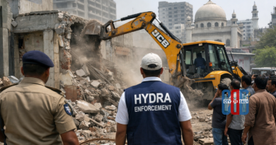 Urban demolition activity in Hyderabad showing enforcement against illegal constructions