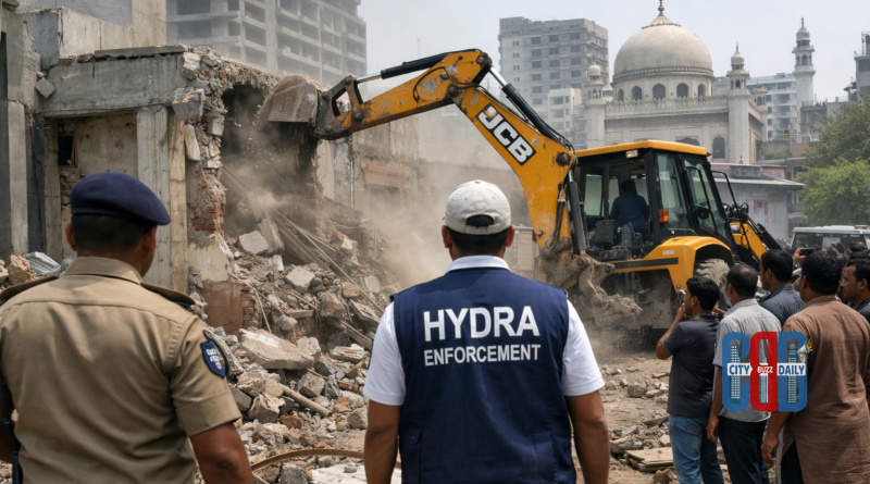 Urban demolition activity in Hyderabad showing enforcement against illegal constructions