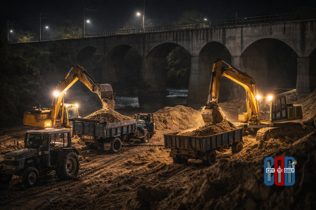 Excavators load sand into tractors during a nighttime sand mining operation near a river and railway bridge, illustrating illegal sand extraction activities in Mortad mandal.
