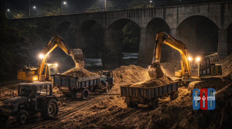 Excavators load sand into tractors during a nighttime sand mining operation near a river and railway bridge, illustrating illegal sand extraction activities in Mortad mandal.