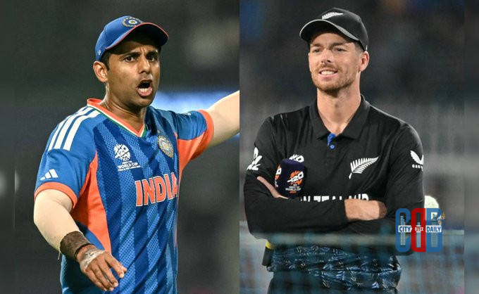 India vs New Zealand players during the ICC Men's T20 World Cup 2026 final match at Narendra Modi Stadium in Ahmedabad.