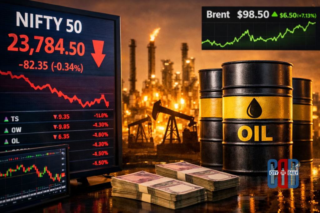 Stock market screen showing decline as oil prices surge after tanker attacks in Strait of Hormuz
