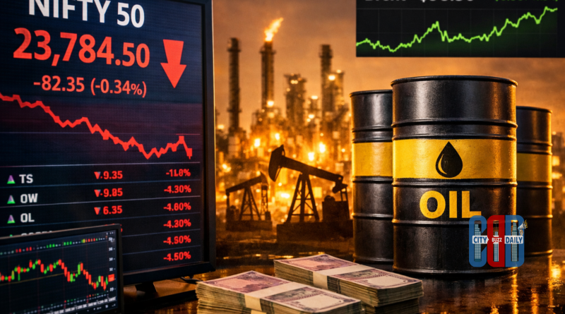 Stock market screen showing decline as oil prices surge after tanker attacks in Strait of Hormuz