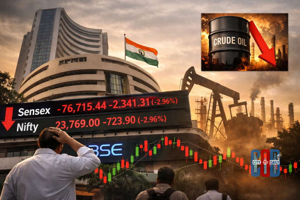 Bombay Stock Exchange building with Sensex and Nifty falling sharply on digital board as crude oil prices surge amid global tensions.