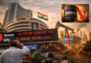 Bombay Stock Exchange building with Sensex and Nifty falling sharply on digital board as crude oil prices surge amid global tensions.