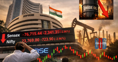 Bombay Stock Exchange building with Sensex and Nifty falling sharply on digital board as crude oil prices surge amid global tensions.