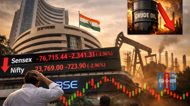 Bombay Stock Exchange building with Sensex and Nifty falling sharply on digital board as crude oil prices surge amid global tensions.