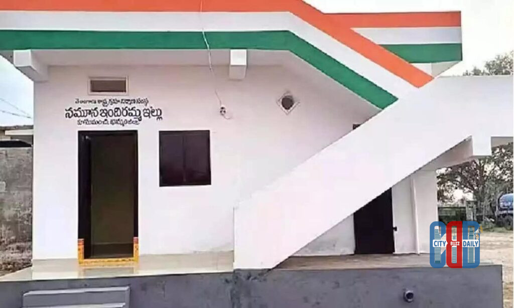 Partially constructed houses under the Indiramma Indlu housing scheme highlighting payment concerns raised by beneficiaries.