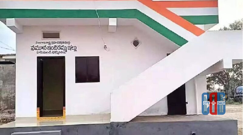 Partially constructed houses under the Indiramma Indlu housing scheme highlighting payment concerns raised by beneficiaries.