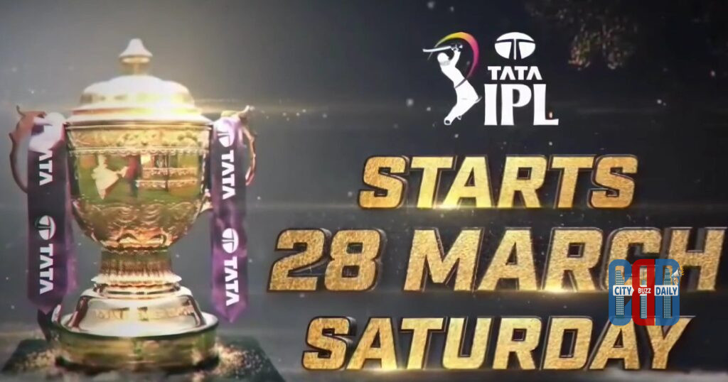 Graphic announcing IPL 2026 start date on March 28 with IPL trophy, BCCI logo, Royal Challengers Bengaluru player celebrating in stadium, and note that M. Chinnaswamy Stadium will host the final.