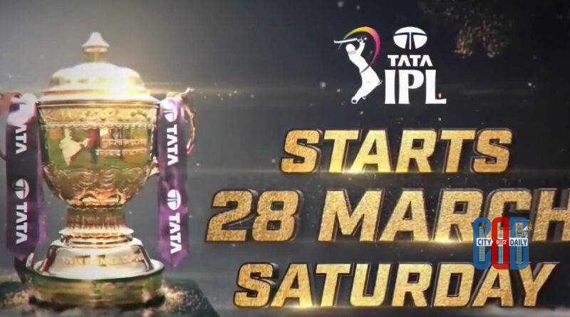 Graphic announcing IPL 2026 start date on March 28 with IPL trophy, BCCI logo, Royal Challengers Bengaluru player celebrating in stadium, and note that M. Chinnaswamy Stadium will host the final.