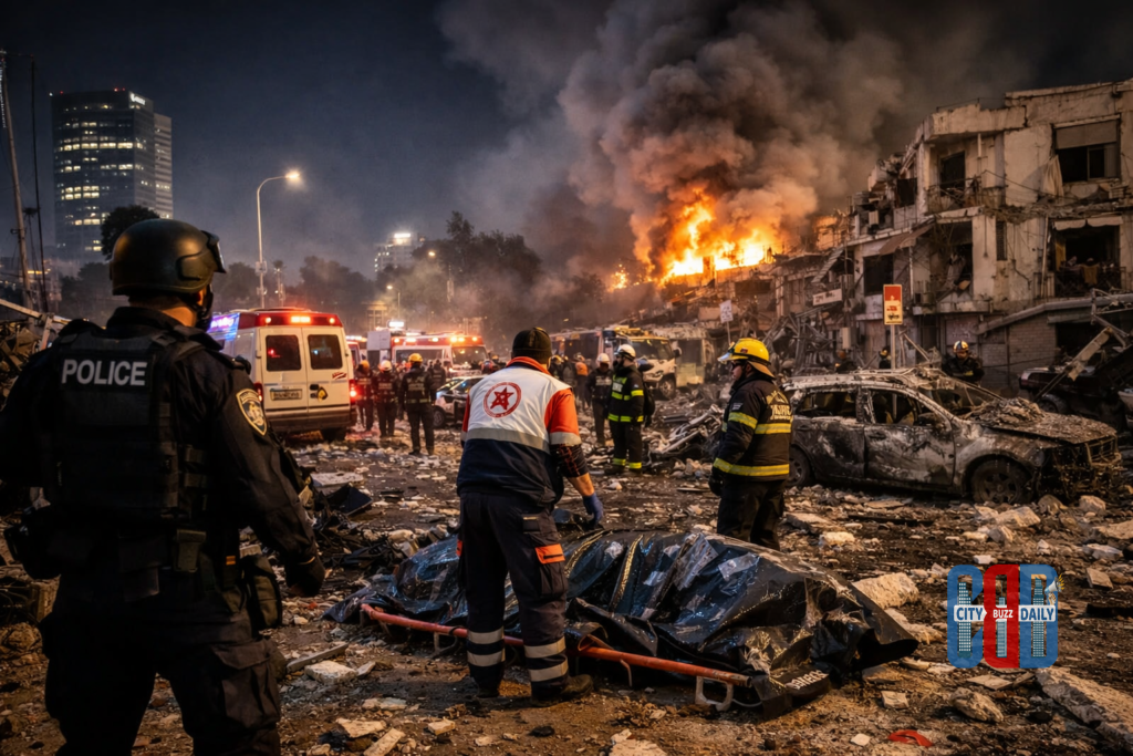 Missile strike aftermath in Tel Aviv following Iran cluster warhead attack