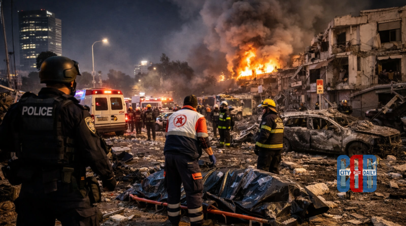 Missile strike aftermath in Tel Aviv following Iran cluster warhead attack